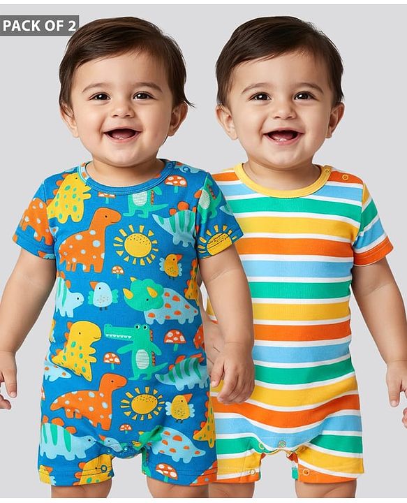 Babyhug 100% Cotton Knit Half Sleeves Striped & Dino Printed Rompers Pack of 2 - Multicolor