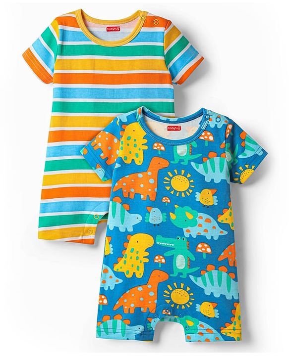 Babyhug 100% Cotton Knit Half Sleeves Striped & Dino Printed Rompers Pack of 2 - Multicolor