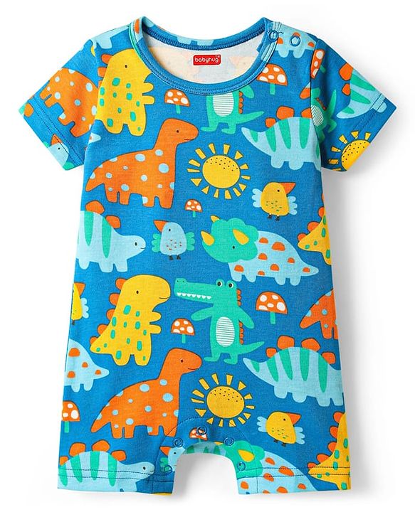 Babyhug 100% Cotton Knit Half Sleeves Striped & Dino Printed Rompers Pack of 2 - Multicolor
