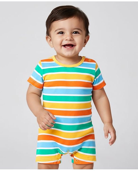 Babyhug 100% Cotton Knit Half Sleeves Striped & Dino Printed Rompers Pack of 2 - Multicolor