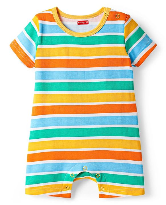 Babyhug 100% Cotton Knit Half Sleeves Striped & Dino Printed Rompers Pack of 2 - Multicolor