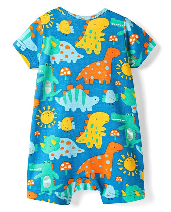 Babyhug 100% Cotton Knit Half Sleeves Striped & Dino Printed Rompers Pack of 2 - Multicolor