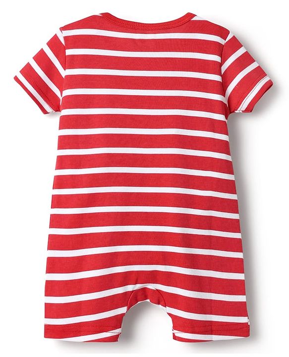 Babyhug 100% Cotton Interlock Knit Half Sleeves Romper with Stripe Design & Animal Print Pack of 2 - Red & Light Blue