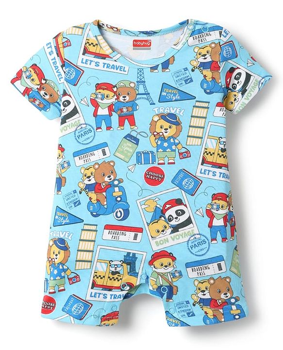 Babyhug 100% Cotton Interlock Knit Half Sleeves Romper with Stripe Design & Animal Print Pack of 2 - Red & Light Blue