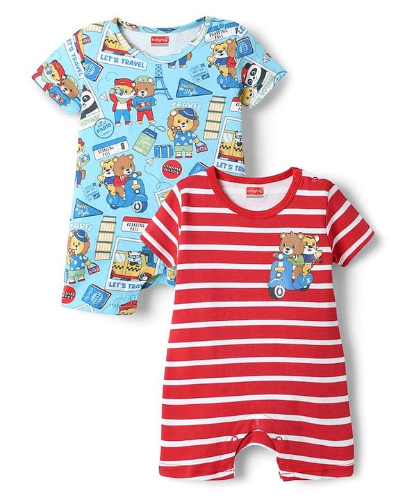 Babyhug 100% Cotton Interlock Knit Half Sleeves Romper with Stripe Design & Animal Print Pack of 2 - Red & Light Blue