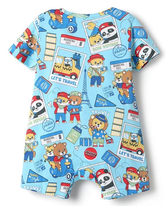 Babyhug 100% Cotton Interlock Knit Half Sleeves Romper with Stripe Design & Animal Print Pack of 2 - Red & Light Blue