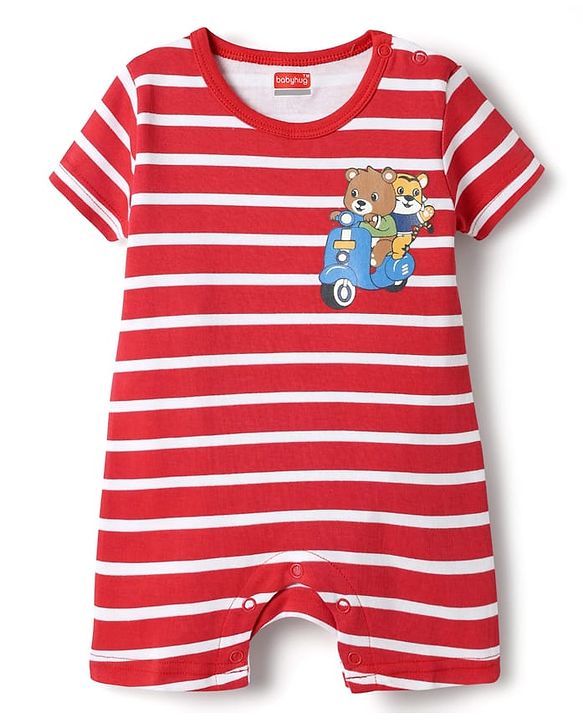 Babyhug 100% Cotton Interlock Knit Half Sleeves Romper with Stripe Design & Animal Print Pack of 2 - Red & Light Blue