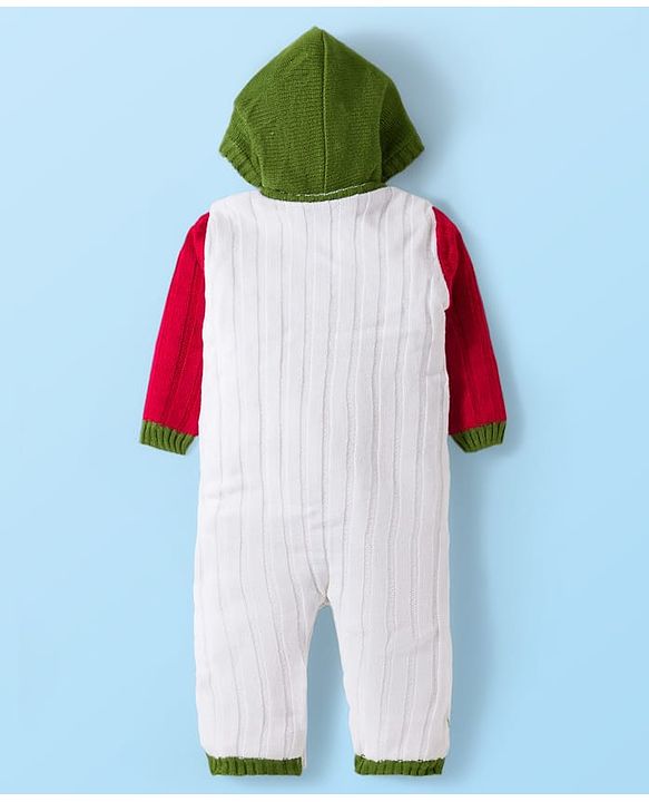 Babyhug Sweater Knit Full Sleeves Winter Wear Hooded Romper With Cable Knit Design & Bear Patch - White Red & Green