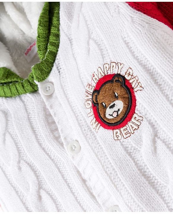 Babyhug Sweater Knit Full Sleeves Winter Wear Hooded Romper With Cable Knit Design & Bear Patch - White Red & Green