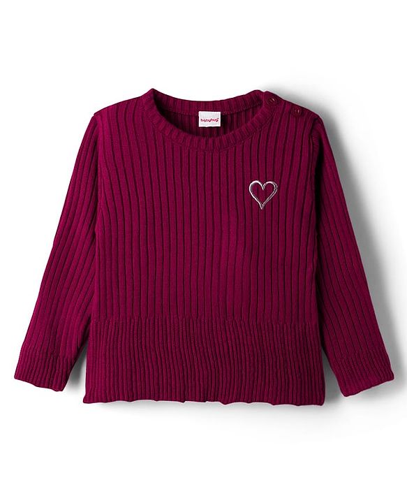 Babyhug Knit Full Sleeves Pullover Sweater with Heart Embroidery - Pink