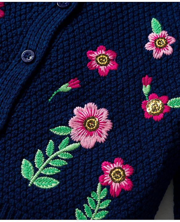 Babyhug Knit Full Sleeves Front Open Sweater with Floral Embroidery - Navy Blue