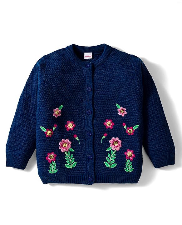 Babyhug Knit Full Sleeves Front Open Sweater with Floral Embroidery - Navy Blue