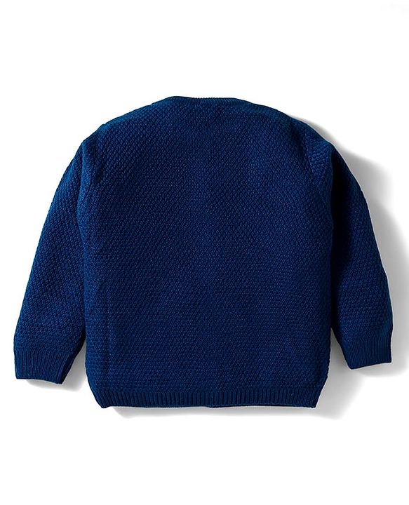 Babyhug Knit Full Sleeves Front Open Sweater with Floral Embroidery - Navy Blue