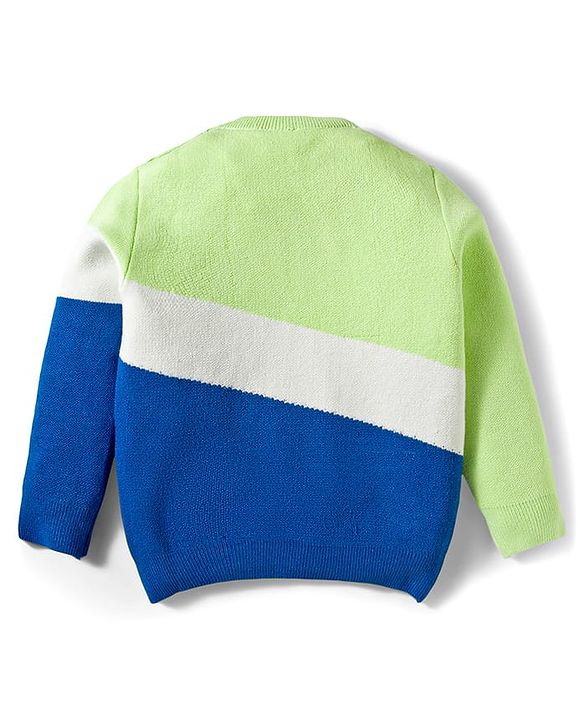 Babyhug Knitted Full Sleeves Pullover Sweater With Color Block Design - Blue Green & White