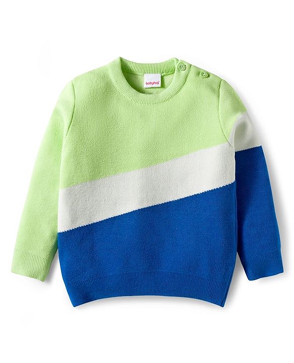 Babyhug Knitted Full Sleeves Pullover Sweater With Color Block Design - Blue Green & White