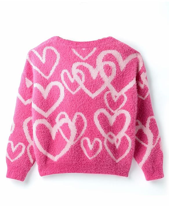 Babyhug Knit Drop Shoulder Full Sleeves Extra Soft Hairy Eyelash Yarn Relaxed Crop Length Fit Pullover Sweater with Heart Design - Pink