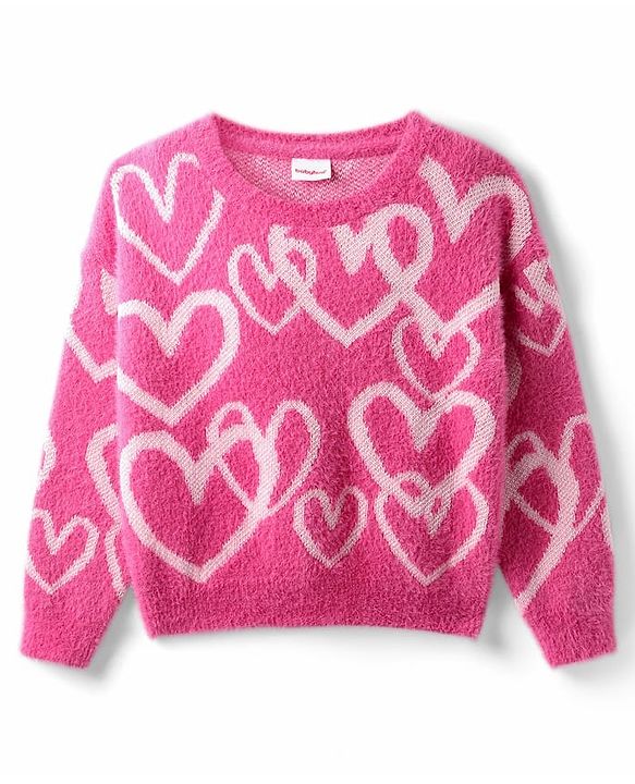 Babyhug Knit Drop Shoulder Full Sleeves Extra Soft Hairy Eyelash Yarn Relaxed Crop Length Fit Pullover Sweater with Heart Design - Pink
