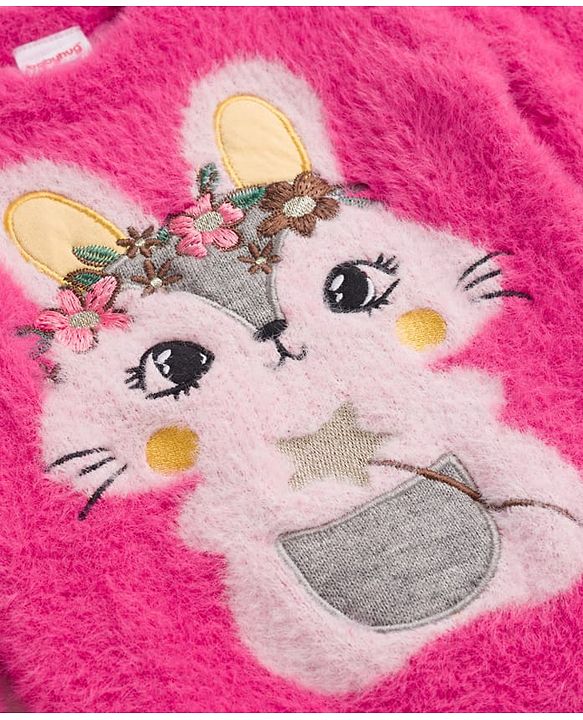 Babyhug Knit Full Sleeves Extra Soft Hairy Yarn Pullover Sweater with Bunny Embroidery - Pink