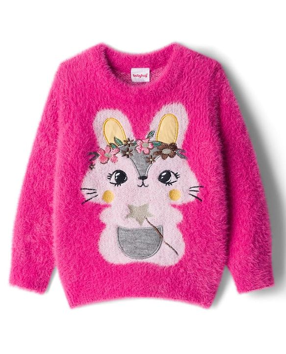 Babyhug Knit Full Sleeves Extra Soft Hairy Yarn Pullover Sweater with Bunny Embroidery - Pink