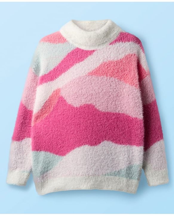 Babyhug Knit Full Sleeves Extra Soft Hairy Eyelash Yarn Turtle Neck Pullover Sweater With Abstract Design - Pink & White