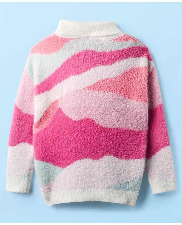 Babyhug Knit Full Sleeves Extra Soft Hairy Eyelash Yarn Turtle Neck Pullover Sweater With Abstract Design - Pink & White