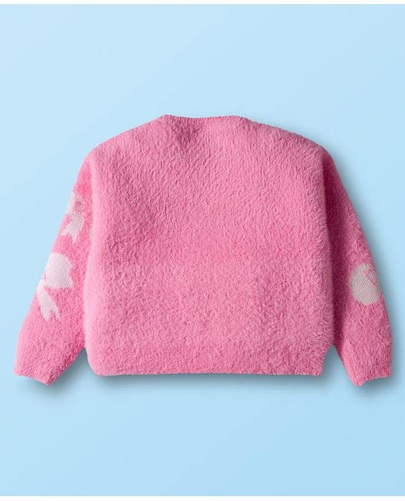 Babyhug Knit Full Sleeves Extra Soft Hairy Yarn Crop Top Sweater Set with Bow Design - Pink