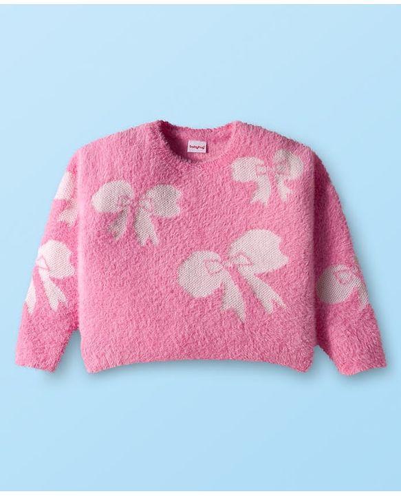 Babyhug Knit Full Sleeves Extra Soft Hairy Yarn Crop Top Sweater Set with Bow Design - Pink