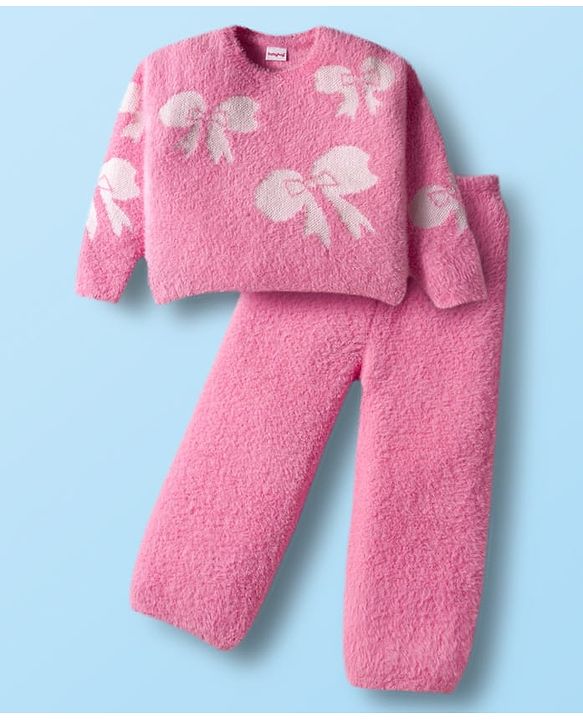 Babyhug Knit Full Sleeves Extra Soft Hairy Yarn Crop Top Sweater Set with Bow Design - Pink
