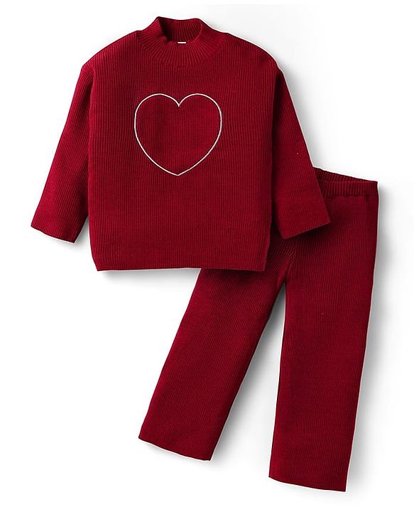 Babyhug Sweater Knit Full Sleeves Winter Wear Top & Palazzo Set With Heart Embroidery - Fuchsia