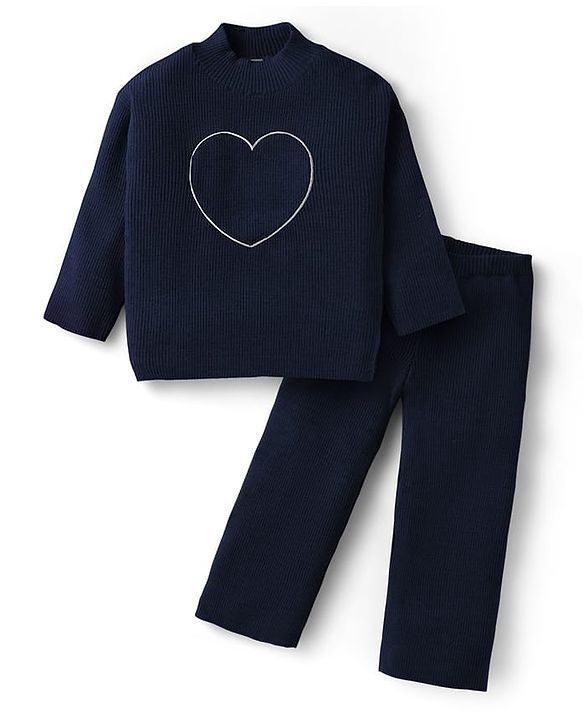 Babyhug Sweater Knit Full Sleeves Winter Wear Top & Palazzo Set With Heart Embroidery - Fuchsia