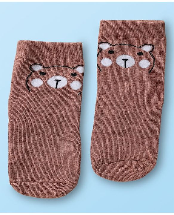 Cute Walk by Babyhug Knit Ankle Length Antibacterial Socks with Bear Design Pack Of 3 - Brown & Cream