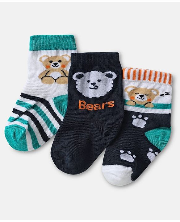Cute Walk by Babyhug Knit Ankle Length Antibacterial Socks with Bear & Stripe Design Pack Of 3 - Navy Blue &  Green