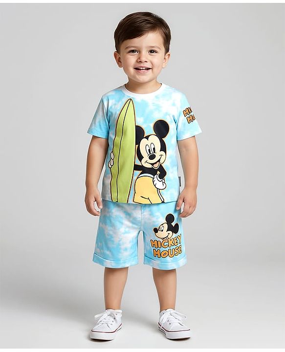 Babyhug Disney  Single Jersey Knit Half Drop Shoulder Sleeves Tie & Dye Oversized T-Shirt & Shorts Set with Mickey Mouse Graphics - Light Blue