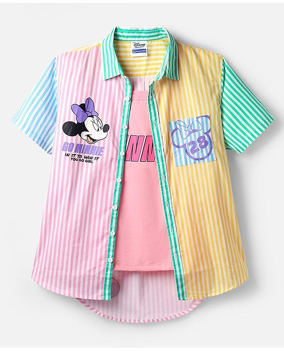 Pine Kids Disney Single Jersey Knit Half Sleeves Regular Collar Shirt and Slip with Minnie and Daisy Graphics - Pink