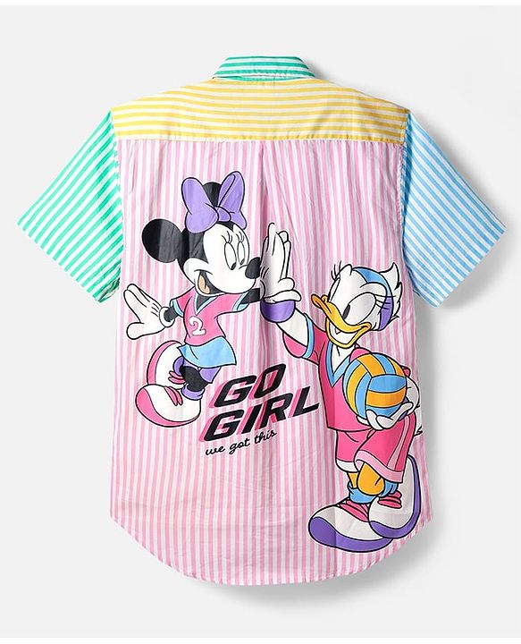 Pine Kids Disney Single Jersey Knit Half Sleeves Regular Collar Shirt and Slip with Minnie and Daisy Graphics - Pink