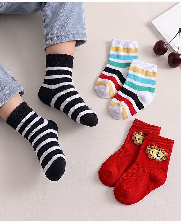Cute Walk by Babyhug Knit Ankle Length Antibacterial Socks with Lion & Stripe Design Pack Of 3 - Rust Orange & White