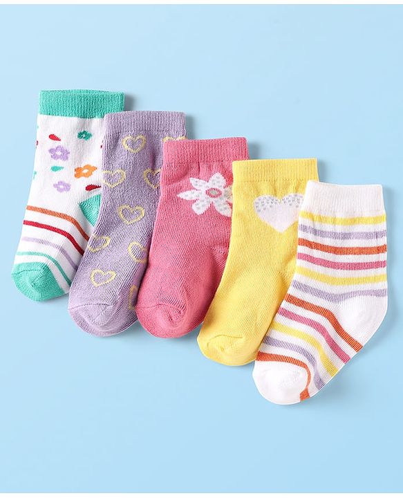 Cute Walk by Babyhug Knit Ankle Length Anti Bacterial Socks With Floral & Heart Design Pack of 5 - Multicolor