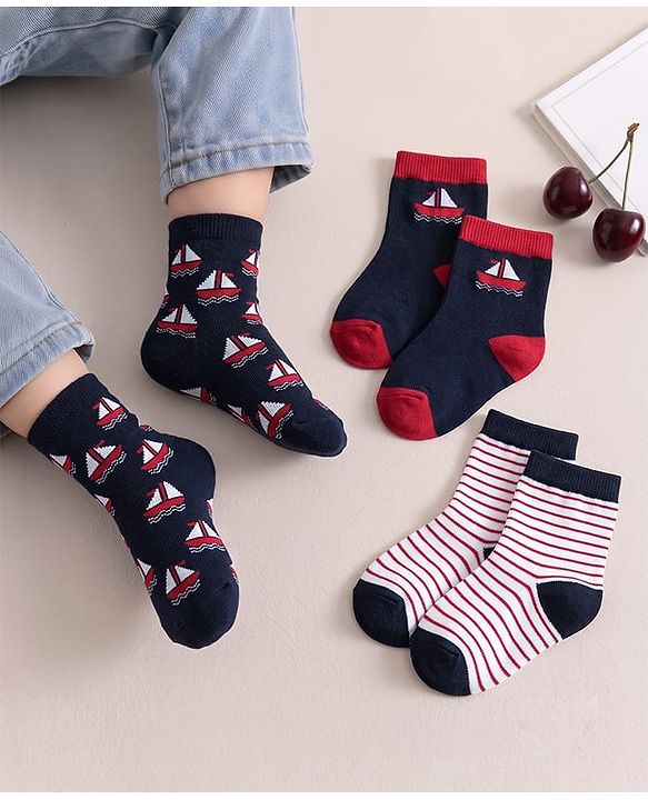 Cute Walk by Babyhug Knit Ankle Length Antibacterial Socks with Nautical Print & Stripe Design Pack Of 3 - Navy Blue Red & White