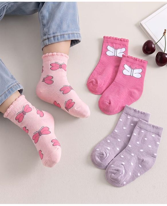 Cute Walk by Babyhug Knit Ankle Length Antibacterial Socks with Butterfly & Polka Dot Design Pack Of 3 - Pink & Lavender