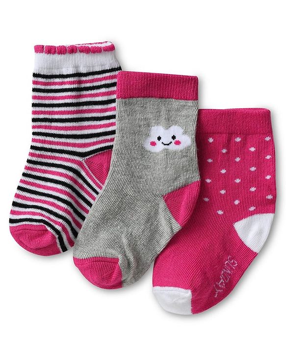 Cute Walk by Babyhug Knit Ankle Length Antibacterial Socks with Stripes & Polka Dot Design Pack Of 3 - Dark Pink & Grey