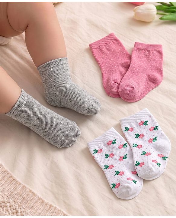 Cute Walk by Babyhug Knit Ankle Length Antibacterial Socks with Floral Design Pack Of 3 - Pink White & Grey