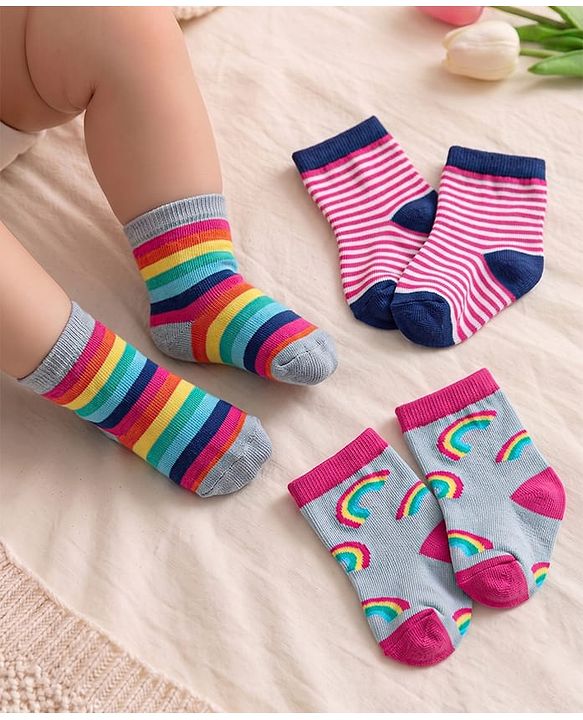 Cute Walk by Babyhug Knit Ankle Length Antibacterial Socks with Rainbow Design Pack Of 3 - Red & Grey