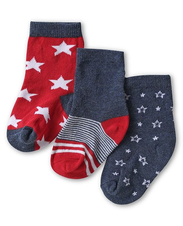 Cute Walk by Babyhug Knit Ankle Length Antibacterial Socks with Star Design Pack Of 3 - Red & Charcoal Grey