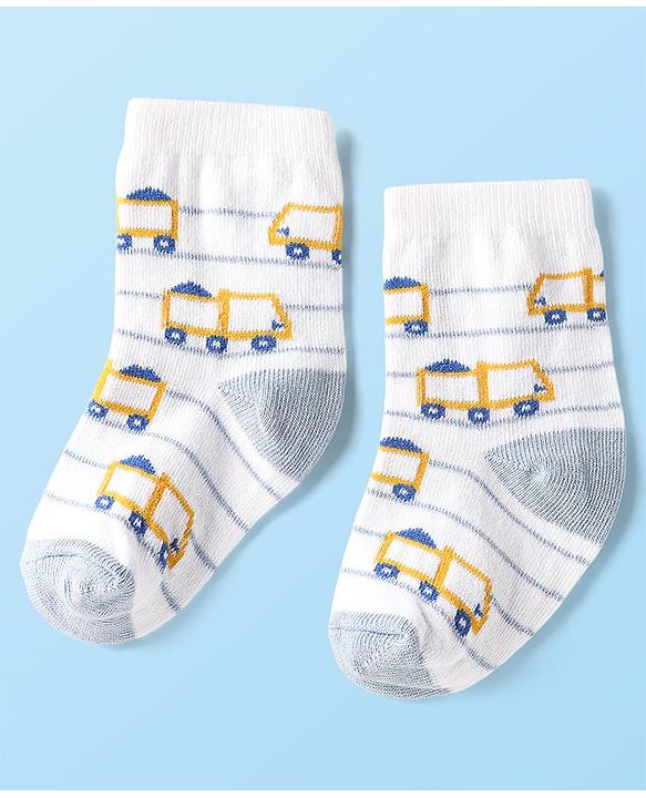 Cute Walk By Babyhug Cotton Knit Ankle Length Anti Bacterial Socks With Stripes & Vehicles Design Pack Of 5 - Multi Colour