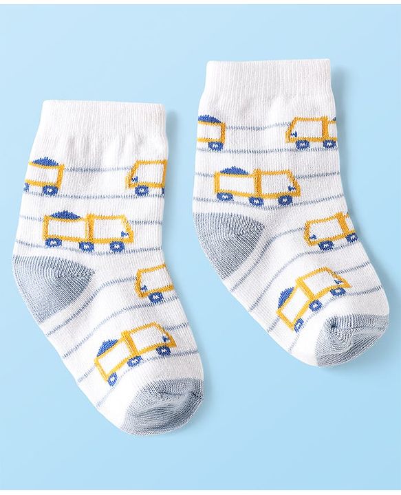 Cute Walk By Babyhug Cotton Knit Ankle Length Anti Bacterial Socks With Stripes & Vehicles Design Pack Of 5 - Multi Colour