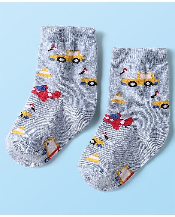 Cute Walk By Babyhug Cotton Knit Ankle Length Anti Bacterial Socks With Stripes & Vehicles Design Pack Of 5 - Multi Colour