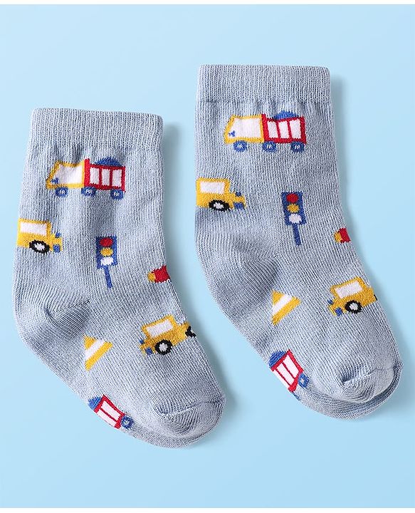 Cute Walk By Babyhug Cotton Knit Ankle Length Anti Bacterial Socks With Stripes & Vehicles Design Pack Of 5 - Multi Colour