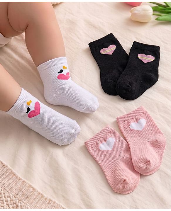 Cute Walk by Babyhug Ankle Length Anti Bacterial Sock with Heart Design Pack of 3 - White Pink & Black