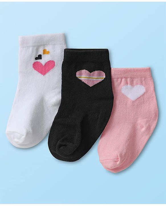 Cute Walk by Babyhug Ankle Length Anti Bacterial Sock with Heart Design Pack of 3 - White Pink & Black