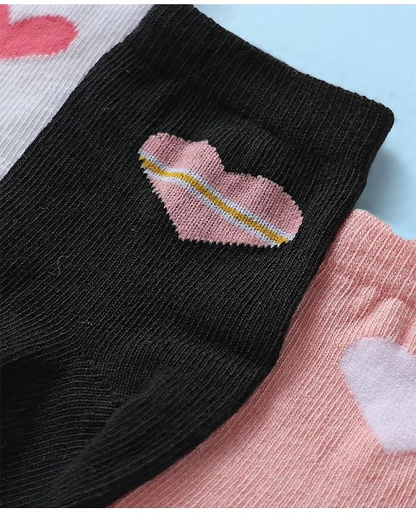 Cute Walk by Babyhug Ankle Length Anti Bacterial Sock with Heart Design Pack of 3 - White Pink & Black